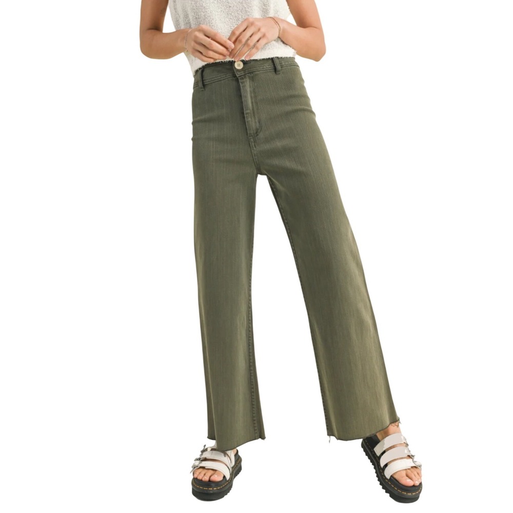 Miou‎ Muse Straight Wide Leg Denim Pants Faded Olive Green Raw Hem High Rise 27